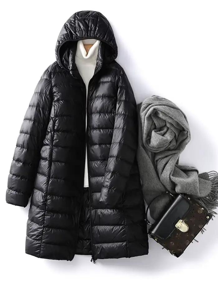 Doudoune longue ultra-légère pour femme, chapeau mince, poignées amovibles, manteau en duvet de cana
