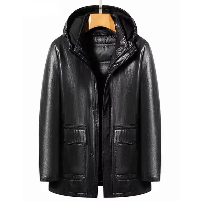 Veste à capuche en cuir véritable pour hommes, manteau en peau de mouton, coupe-vent masculin, doudo