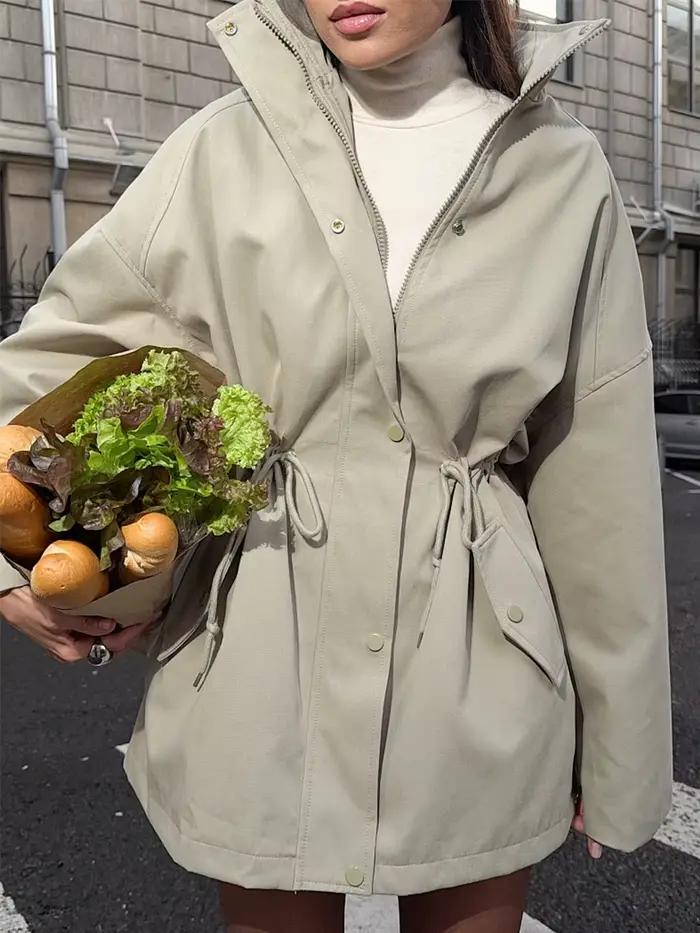 Suninheart col montant cordon taille Trench veste femme trajet manches longues décontracté femmes mi