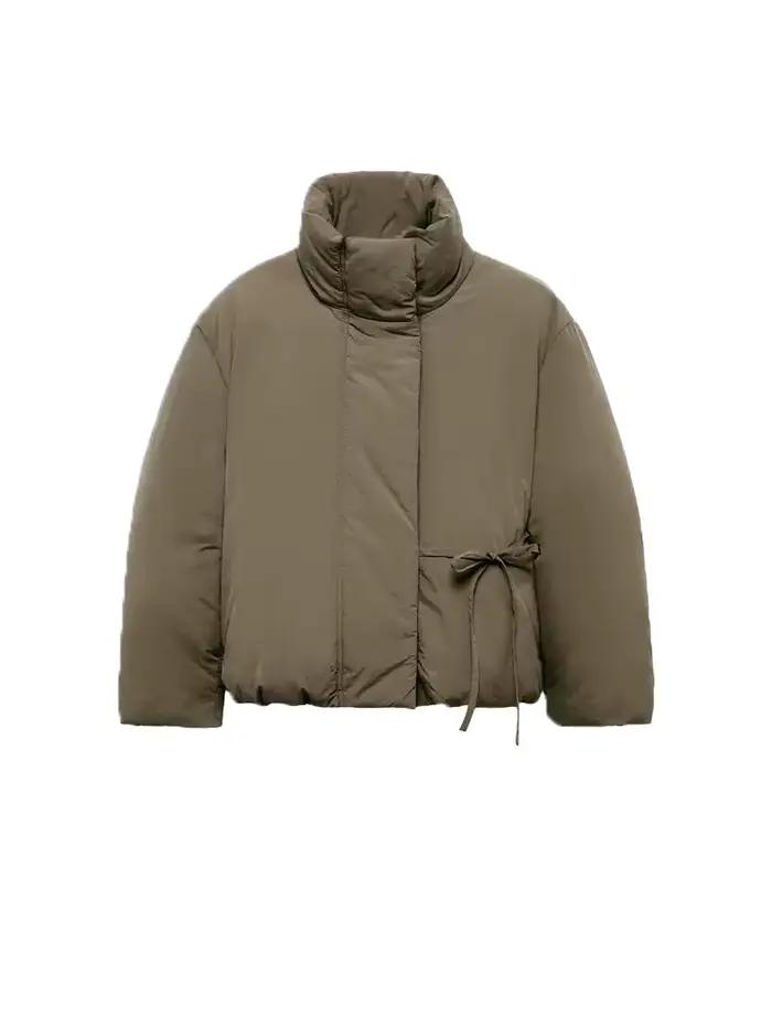 Doudoune d'hiver pour femme, col montant, nœud, manches longues, courte, rembourrée, manteaux amples