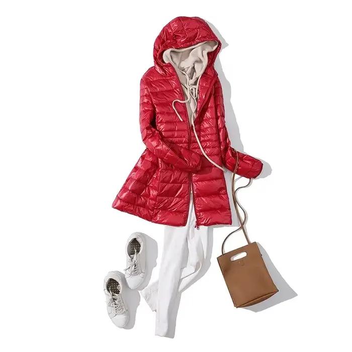 Doudoune Longue Chaude et Légère pour Femme, Manteau à Capuche, avec Sac de Rangement Portable, Long