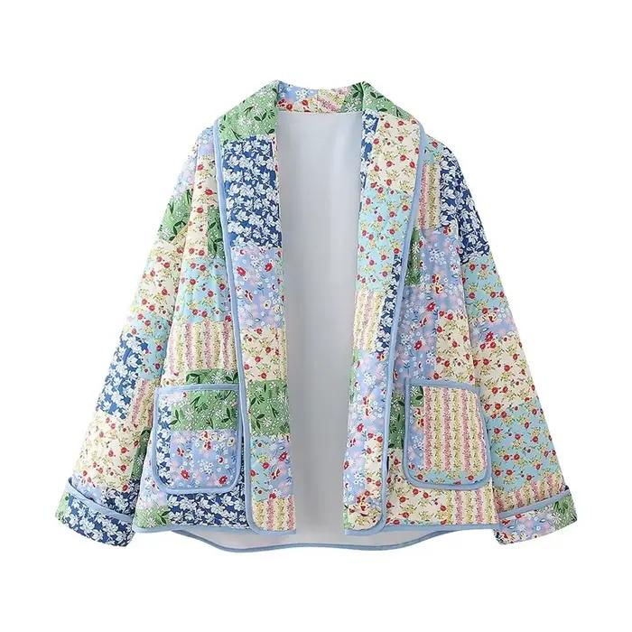 Veste décontractée ample pour femme, imprimé bleu, printemps 2026, style vintage, patchwork, en coto