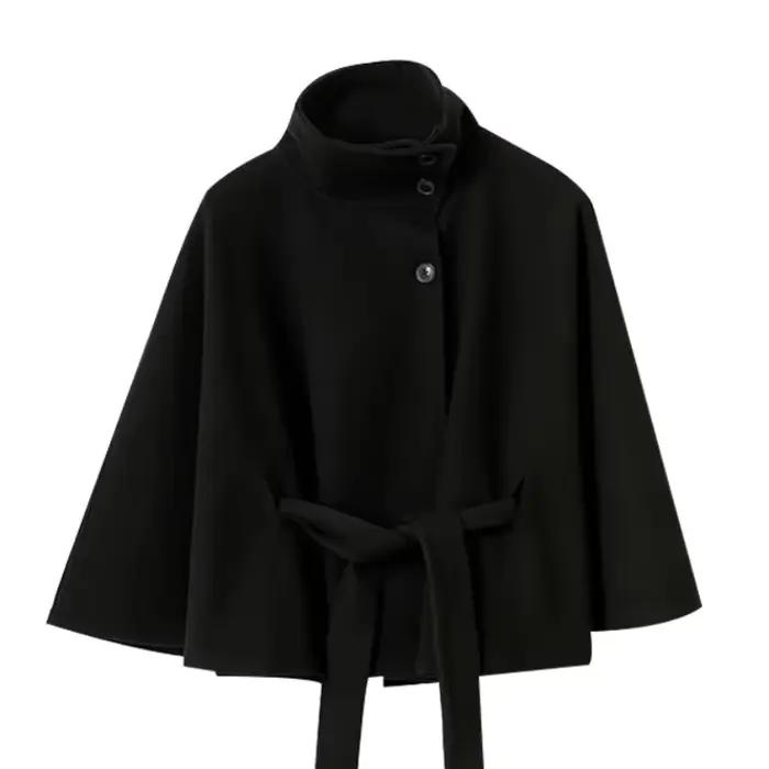 Mode fourrure épissé à lacets manteau de laine femmes revers manches longues ceinture Chic veste 202