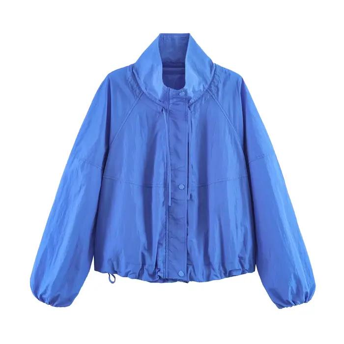 Parka Femme Élégante et Unique en Nylon Bleu à Manches Longues Plissées avec Cordon de Serrage, Nouv