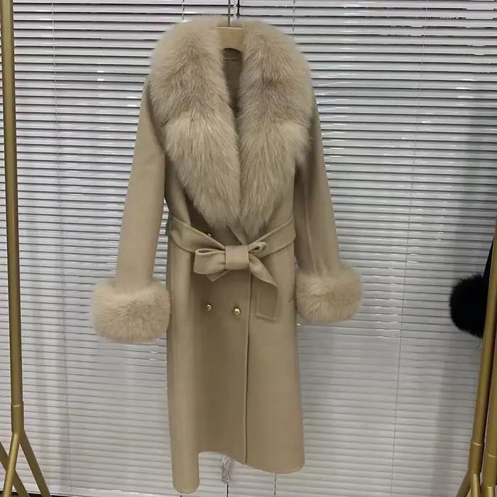 Manteau Long en laine mélangée pour femmes, avec grand col en vraie fourrure de renard, veste d'hive