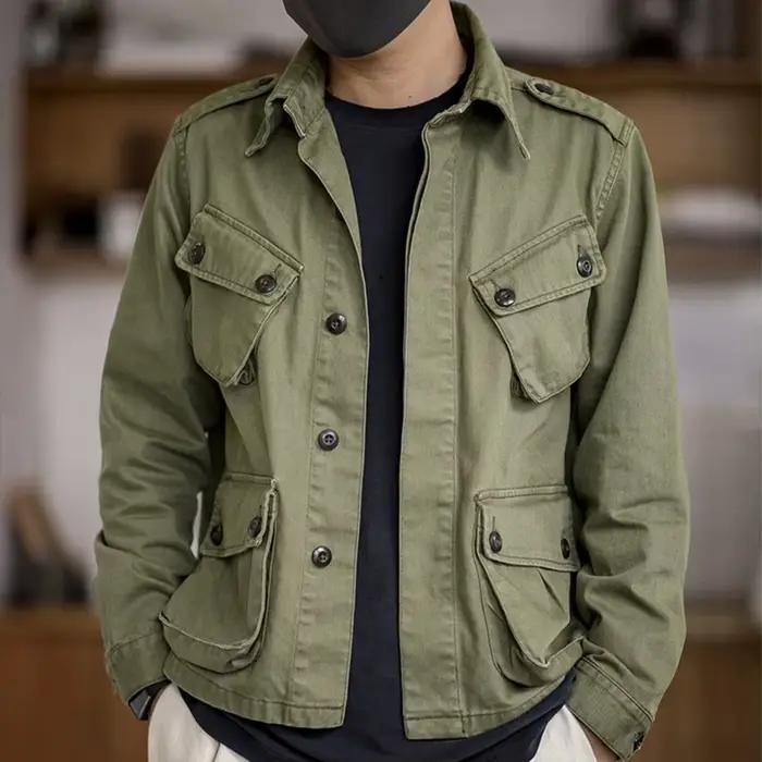 Veste de travail délavée rétro américaine pour hommes, style de rue vert, poches multiples, vestes c