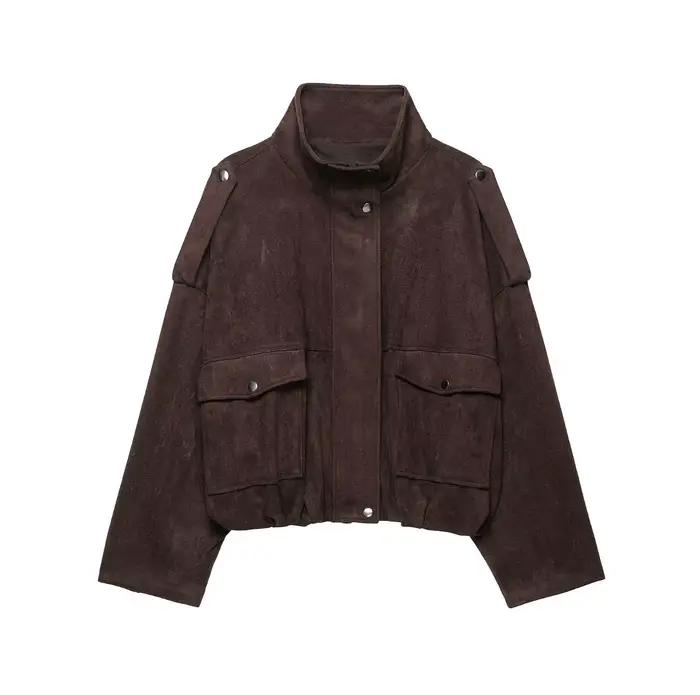 Veste en Faux Daim HipSeam pour Femme avec Épaulettes, Nouvelle Collection Automne 2026, Col Montant