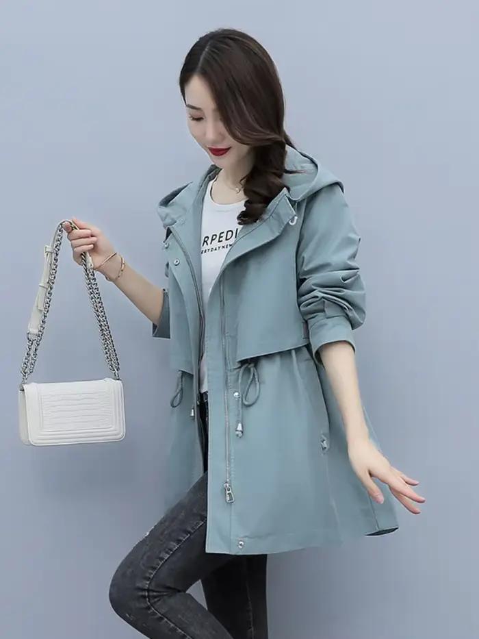 Trench-Coat mi-long à capuche et fermeture éclair pour femme, vestes à nouer, manteaux amples de Sty