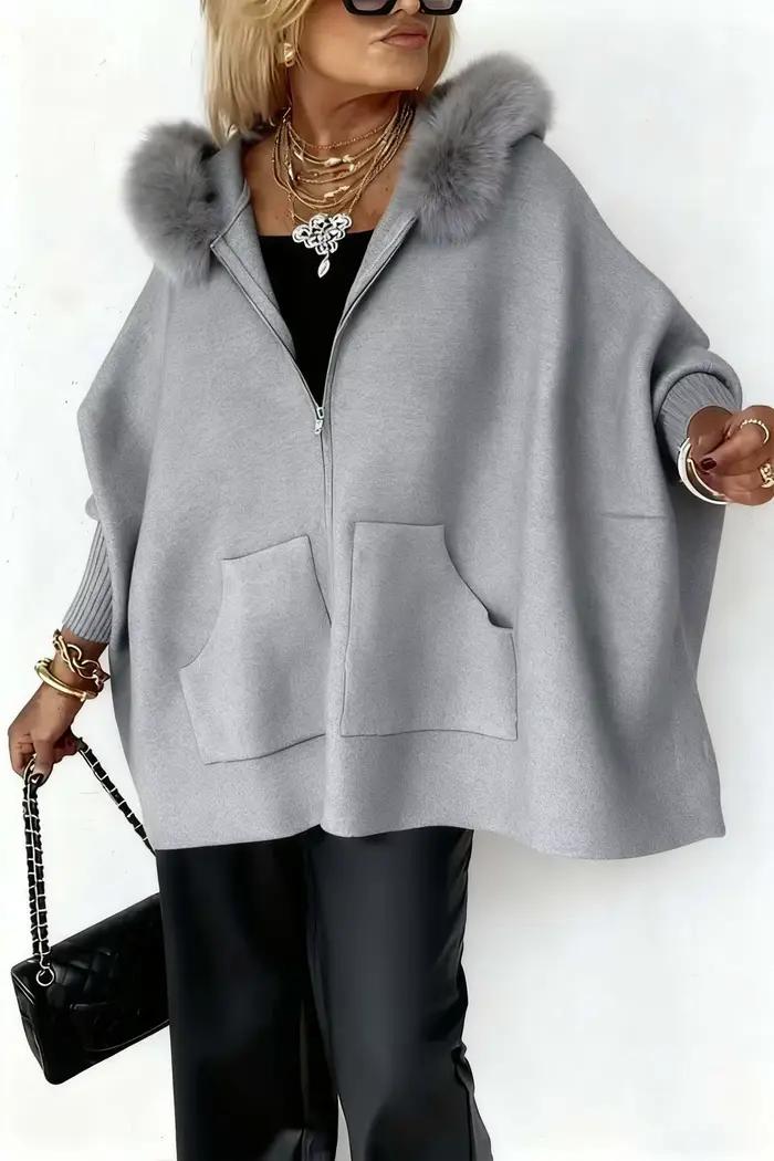 Manteau en tricot à capuche tendance avec poches zippées et col en fourrure, sweats à capuche oversi