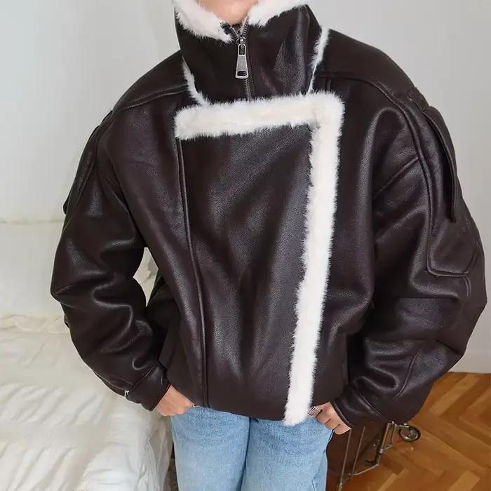 Veste irrégulière en cuir PU marron foncé pour femme, manteaux à manches longues avec garniture en f