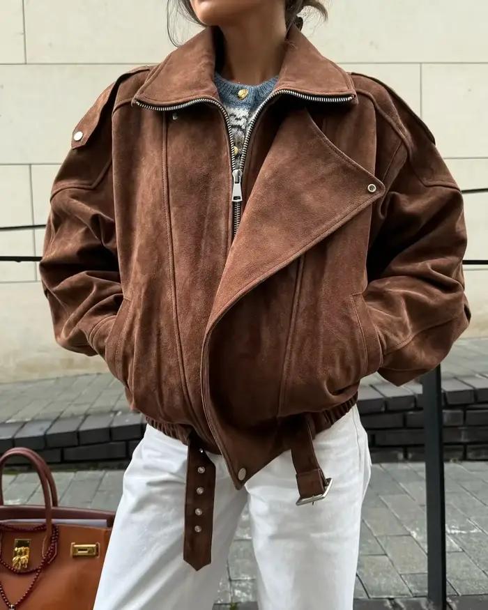 Vestes en cuir suédé à revers Maillard pour femmes, manches longues, poches zippées, streetwear déco