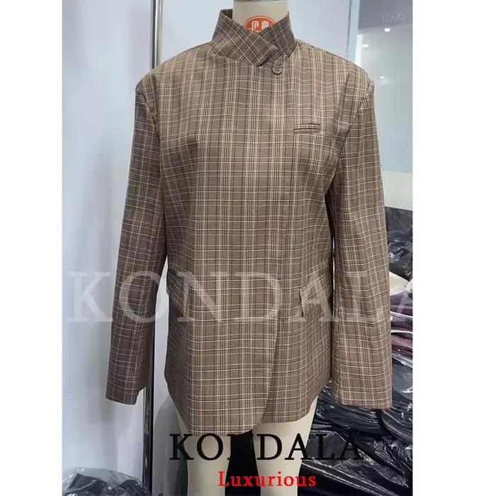 KONDALA Blazer Chic à Carreaux pour Femme, Coupe Oversize, Bouton Unique, Fente Avant, Tendance Prin