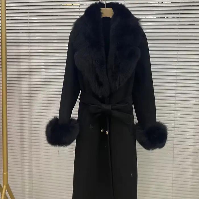 Manteau Long en laine mélangée pour femmes, avec grand col en vraie fourrure de renard, veste d'hive