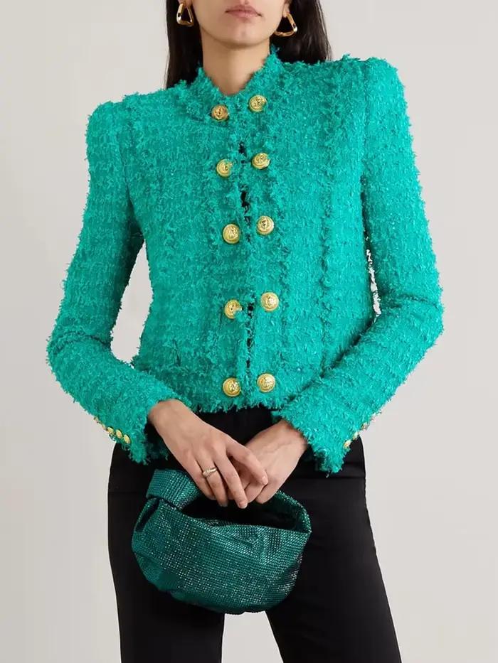 HIGH STREET Nouveauté 2026 FW Veste de créateur mode pour femme en tweed à boutons lion et franges