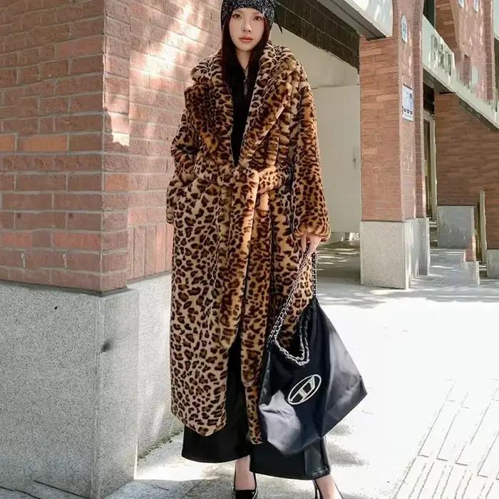 Manteaux en fausse fourrure léopard pour femmes, manteau Long imprimé Imitation fourrure de renard,