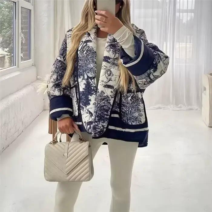 Veste décontractée en coton à imprimé bleu pour femme, automne-hiver, chaude, avec poches, style urb