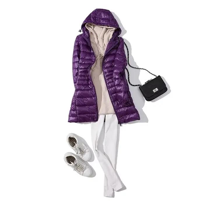 Doudoune Longue Chaude et Légère pour Femme, Manteau à Capuche, avec Sac de Rangement Portable, Long