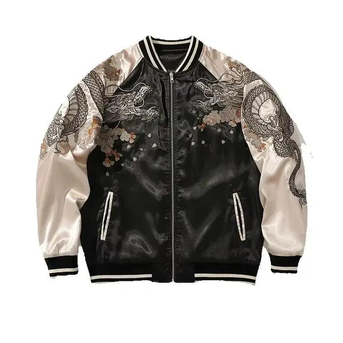 Blouson Bomber Homme en Satin Broderie Dragon Phénix Décontracté Streetwear Printemps Automne Col Mo