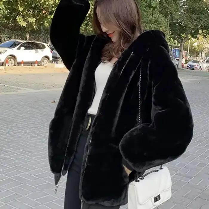 Manteau à capuche en fausse fourrure pour femme, élégant et luxueux, col en V, manches longues, vête