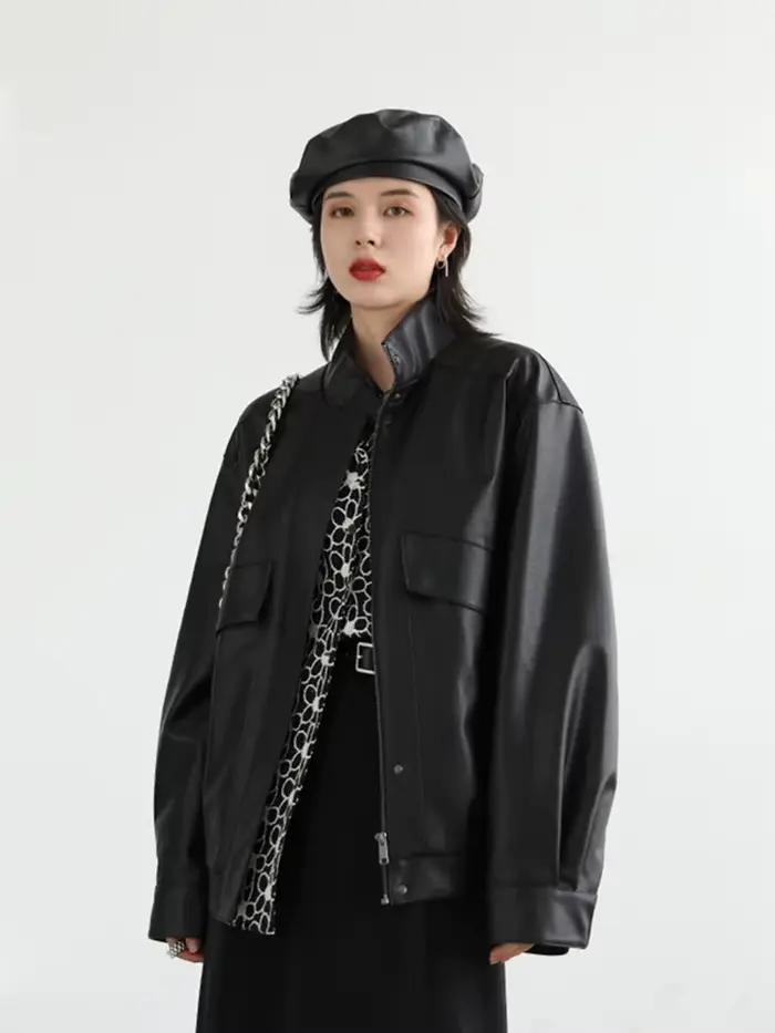 Lautaro-Veste en cuir PU surdimensionnée pour femme, épaule tombante, manches longues, fermeture écl