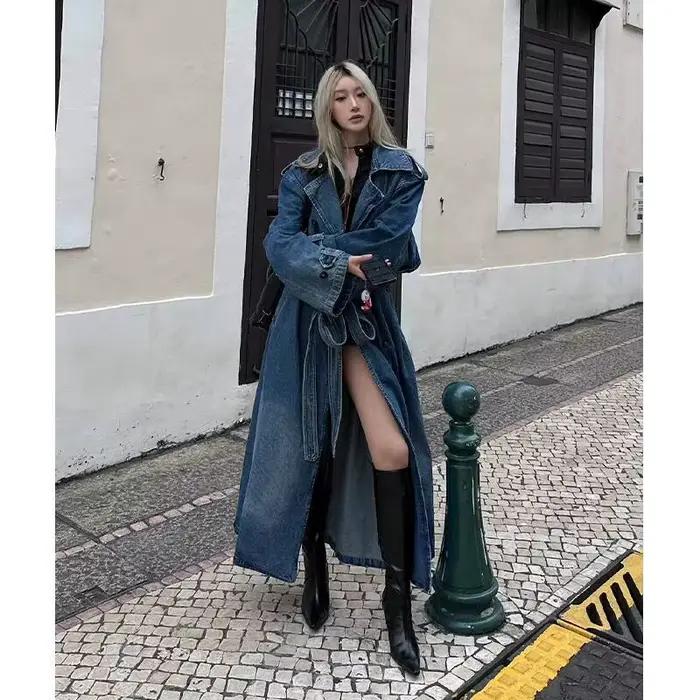 Manteau long en jean pour femme, automne 2025, trench-coat rétro en jean pour femme, double boutonna