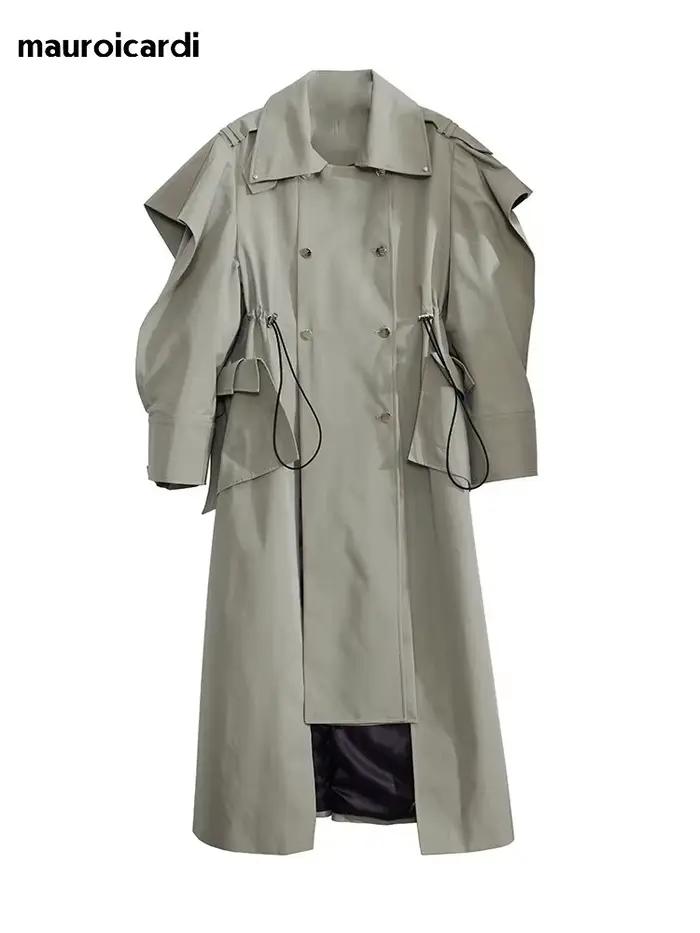 Mauroicardi-Manteau long à double boutonnage pour femme, pardessus élégant à volants, mode de piste,