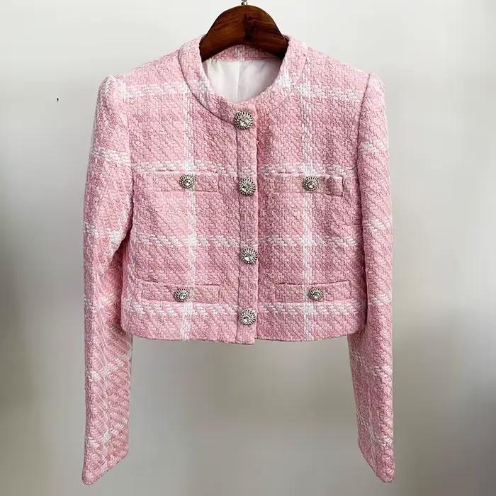 HIGH STREET Nouveauté 2026 Veste courte de créateur pour femme, style doux, avec boutons diamantés,