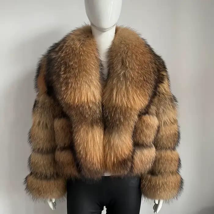 Manteau en fourrure de raton laveur véritable pour femme BEIZIRU avec grand col rabattable, manches