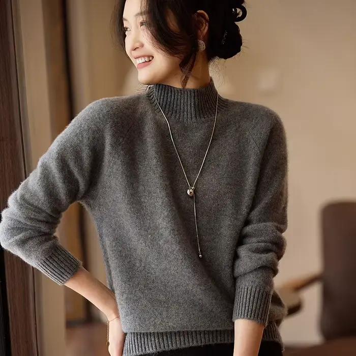 Basique minimaliste couleur unie col montant 100% laine mérinos pull cachemire pull manches longues