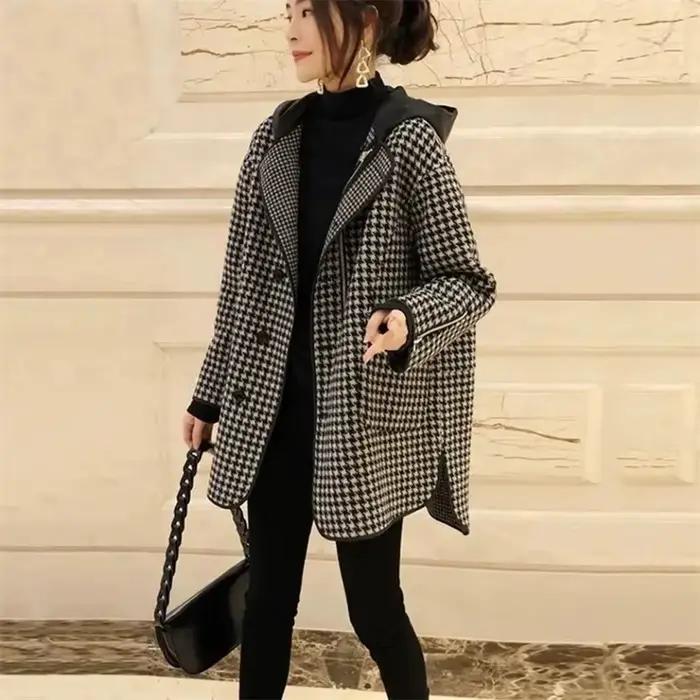 Manteau en laine à carreaux mille oiseaux à capuche coréens, mi-long, mode adt, manteau en laine min