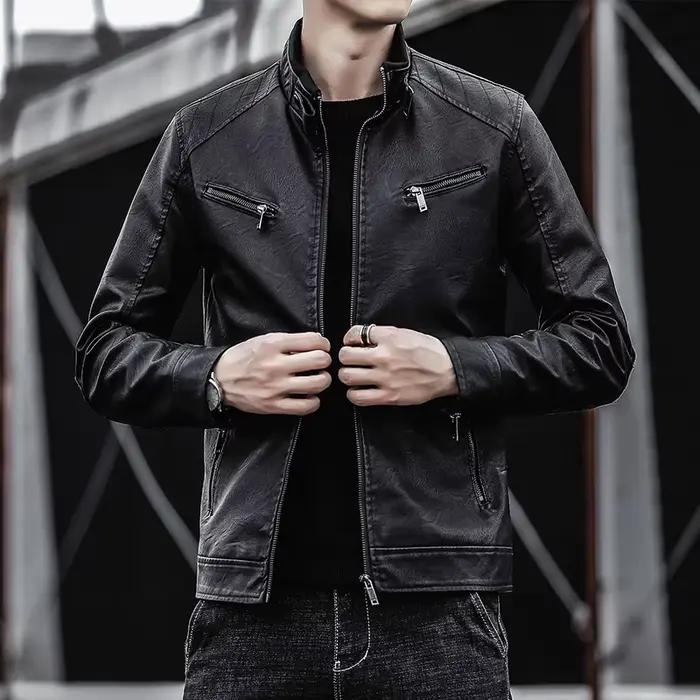 Nouveaux hommes en cuir costume vestes col montant mince Punk manteaux mode moto en cuir vestes homm