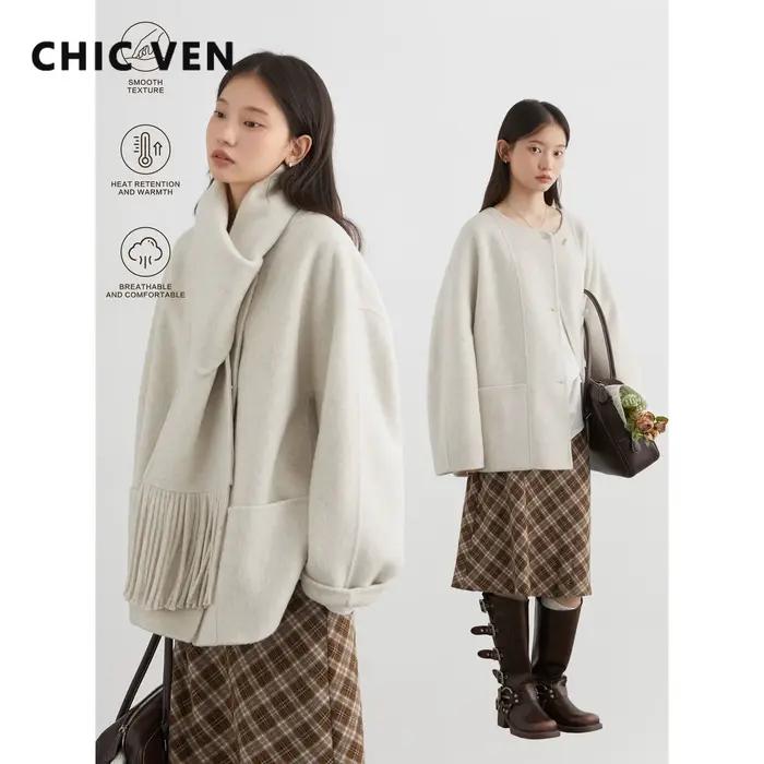 CHIC VEN femmes manteau en laine solide ample simple boutonnage pardessus Double face bureau dames m