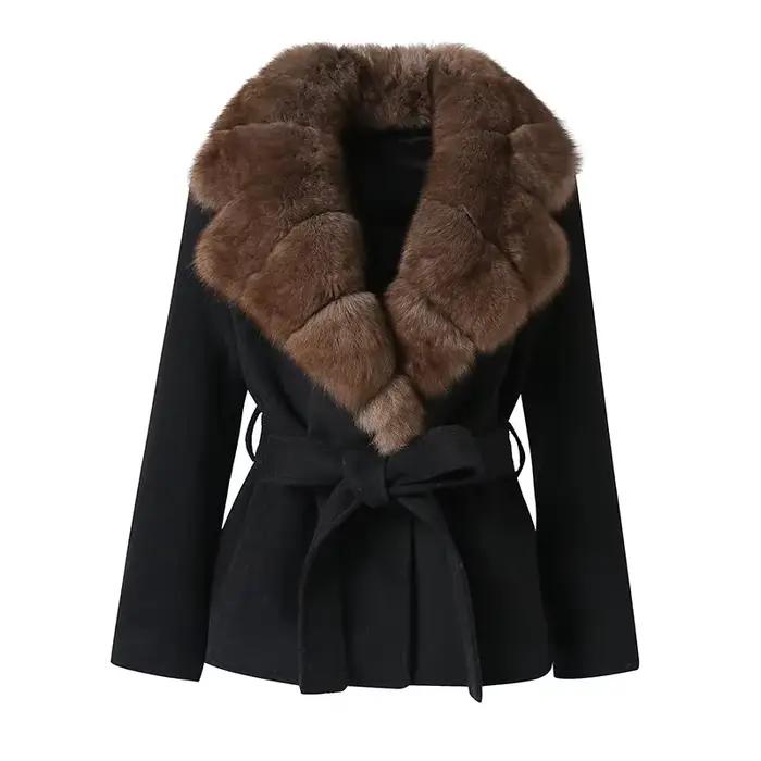 Col de fourrure à lacets manteau femme couleur unie taille cintrée manches longues vestes polyvalent
