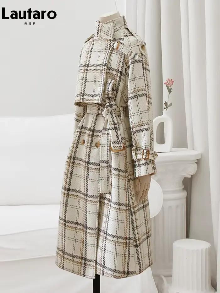 Lautaro-Manteau long en mélange de laine à carreaux chaud pour femme, pardessus en laine à double bo
