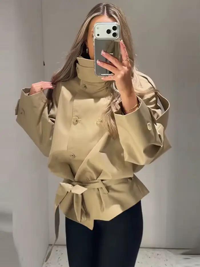 Élégant Trench-coat Femme à Col Montant, Double Boutonnage, Lacets, Manches Longues, Coupe-Vent, Nou