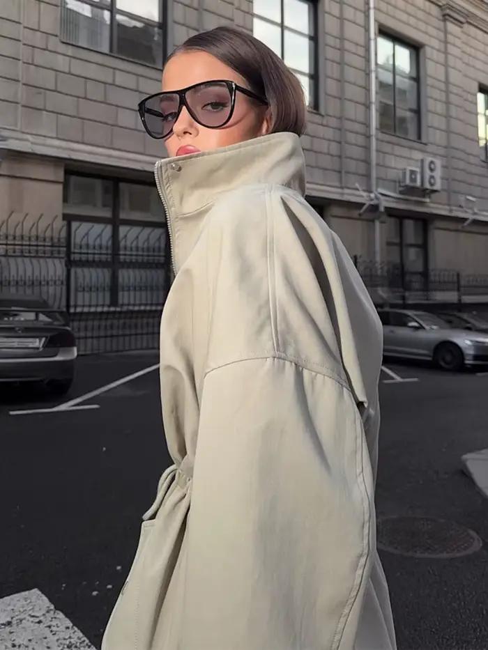 Suninheart col montant cordon taille Trench veste femme trajet manches longues décontracté femmes mi