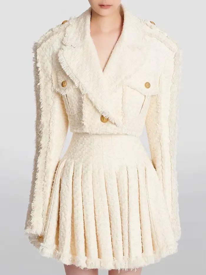 Veste en tweed à franges pour femmes, veste taillée avec pompons, mode de créateur, haut de gamme, E