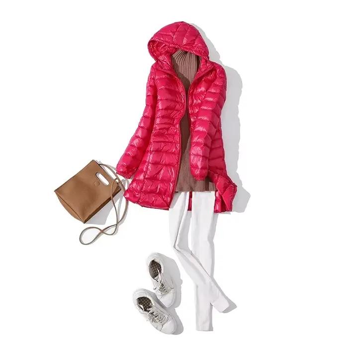 Doudoune Longue Chaude et Légère pour Femme, Manteau à Capuche, avec Sac de Rangement Portable, Long