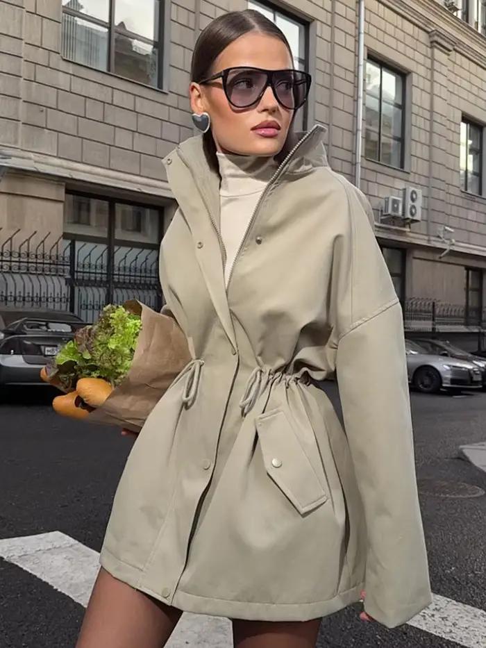 Suninheart col montant cordon taille Trench veste femme trajet manches longues décontracté femmes mi