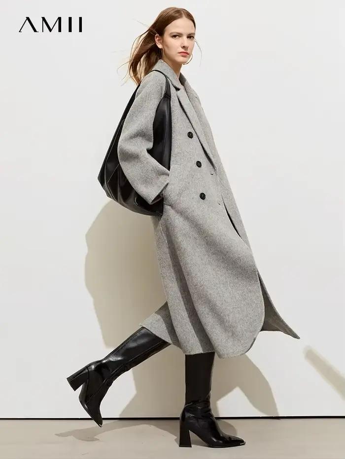 AMII minimaliste Blazer col manteau en laine pour les femmes 2024 hiver chaud polaire Vintage qualit