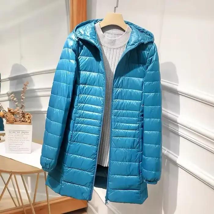 Doudoune longue légère pour femme, manteau chaud mi-cuisse, style urbain, avec sac de rangement port