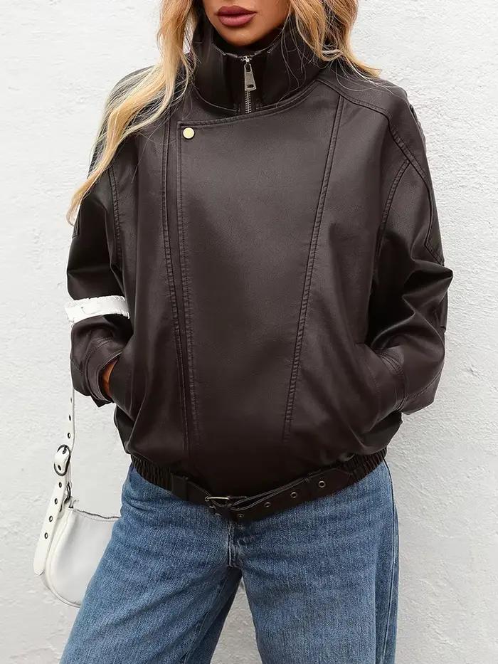 Ailegogo nouveau printemps automne femmes Streetwear rétro ample veste en simili cuir Moto Biker fem