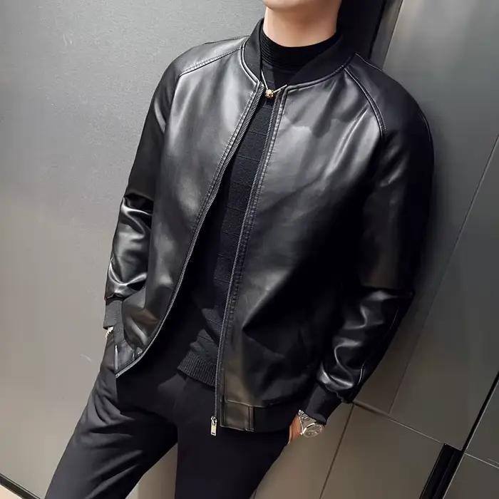 Blouson en similicuir pour homme, style motard, col montant, fermeture éclair, coupe ajustée, street