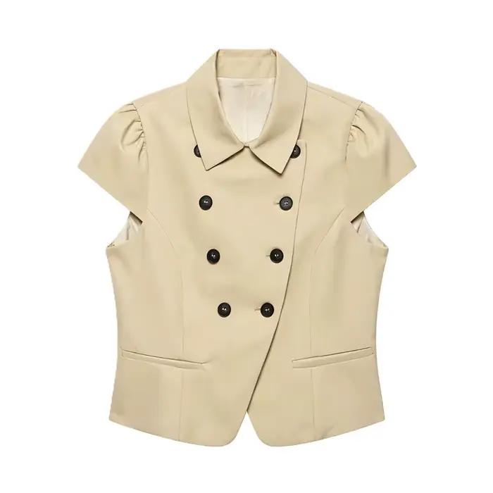 Nouvelle Veste Femme Été 2026 Kaki à Manches Courtes Col Rabattu avec Boutons Décoratifs Coupe Ajust
