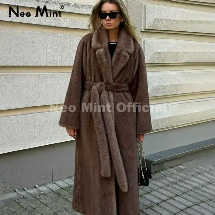 Neo Mint ceinturé fausse fourrure de vison manteau femmes 2025 hiver Beige dégradé fourrure veste de