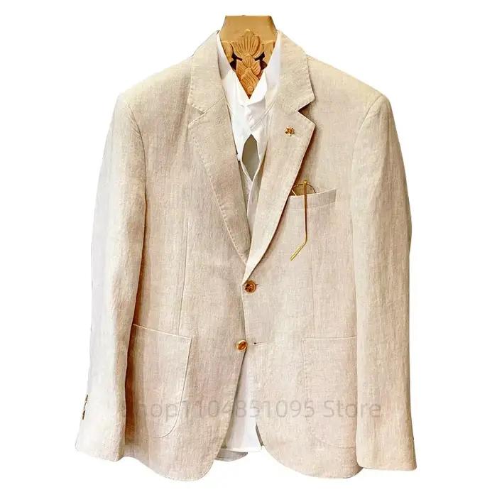 Manteau de costume en lin Beige pour hommes, coupe cintrée, décontracté, Business, Blazer fin, veste
