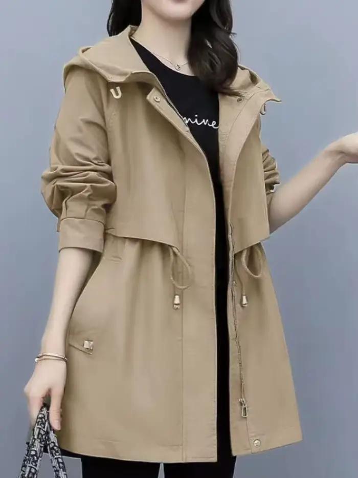 Trench-Coat mi-long à capuche et fermeture éclair pour femme, vestes à nouer, manteaux amples de Sty