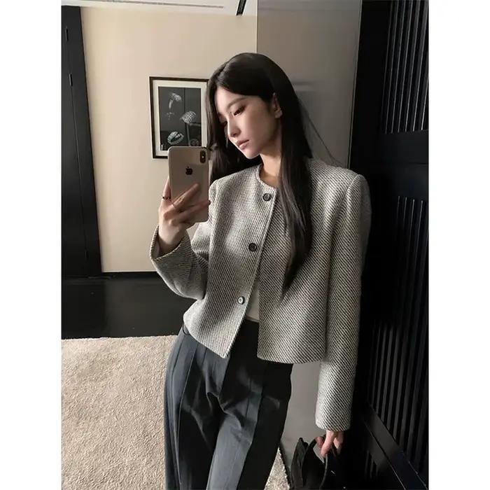 MEXZT élégant Tweed veste femmes Vintage recadrée manteaux coréen à manches longues vêtements d'exté
