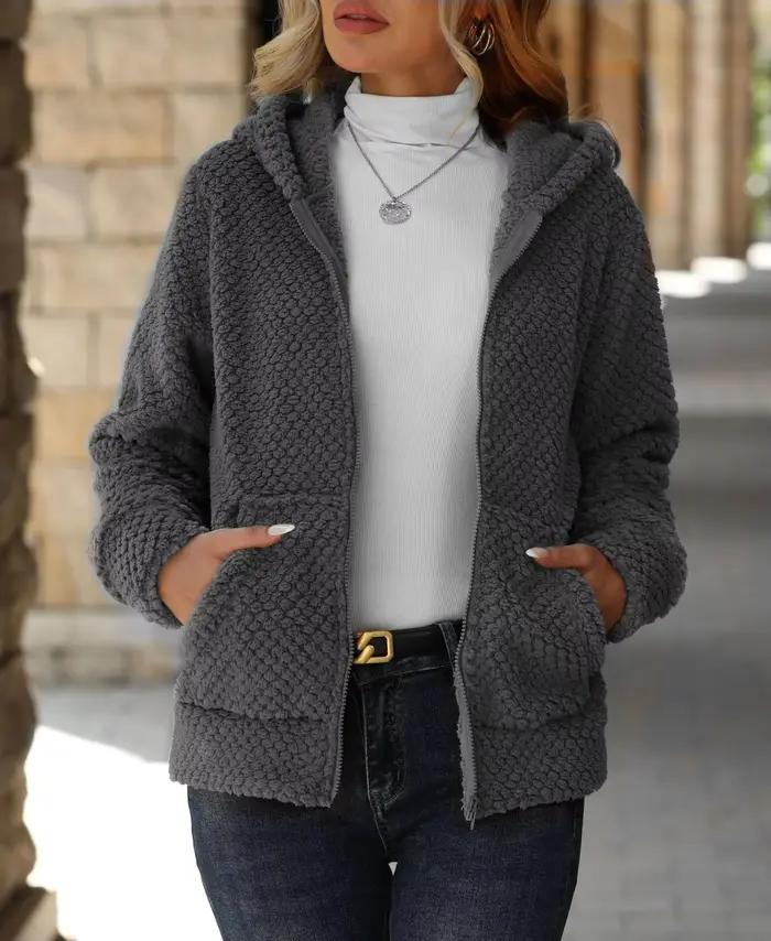 Pull à capuche et fermeture éclair pour femme, manteau en fourrure avec poches, nouvelle collection