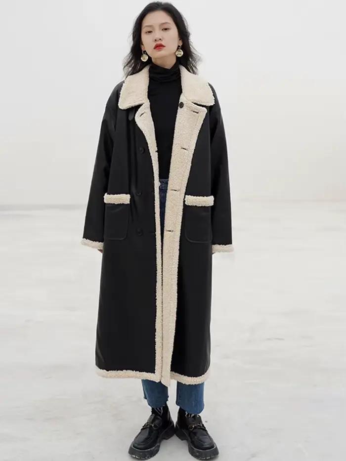 Lautaro-Manteau long réversible en fausse peau de mouton pour femme, poches, double boutonnage, opti